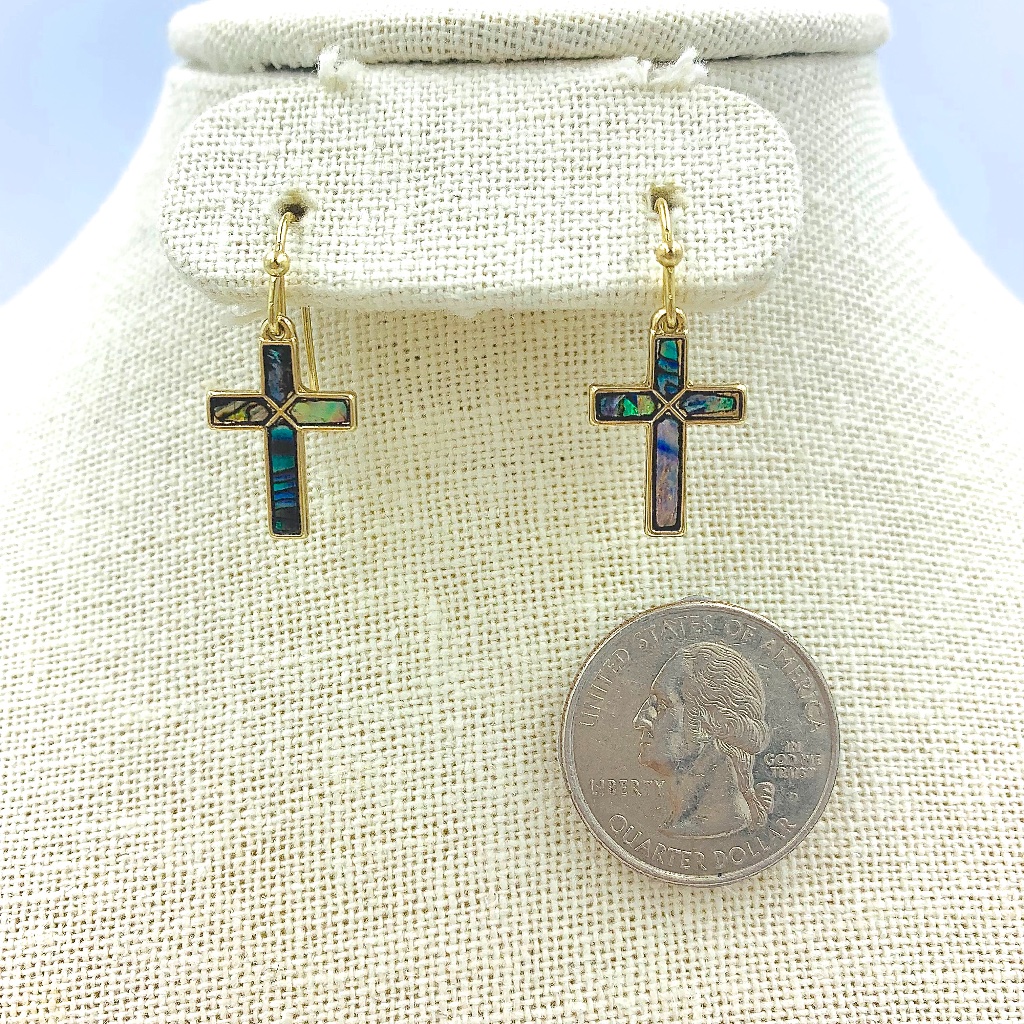Genuine Abalone Shell Cross Dangle Earrings - Small 6$